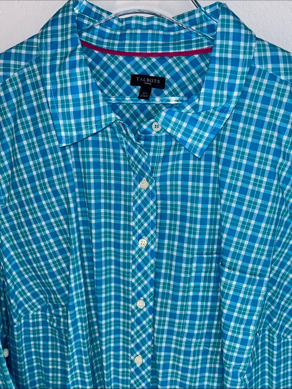 Talbots Plus Cotton Turquoise Green Plaid Long-Sleeve Button-Down Shirt 2X NWOT